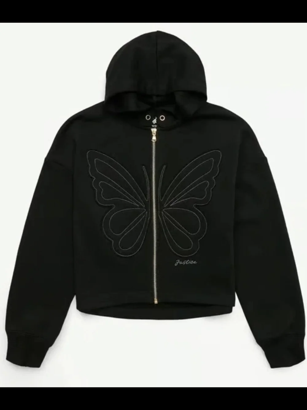Justice Black Butterfly Embroidered Zip Hoodie with Gold Zipper
